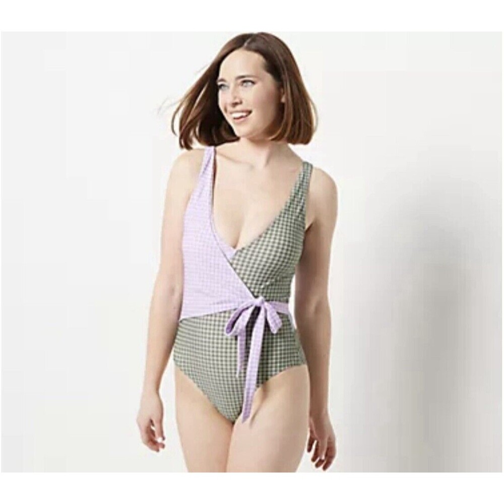 summersalt Lavender and Olive Gingham Wrap One-Piece Swimsuit